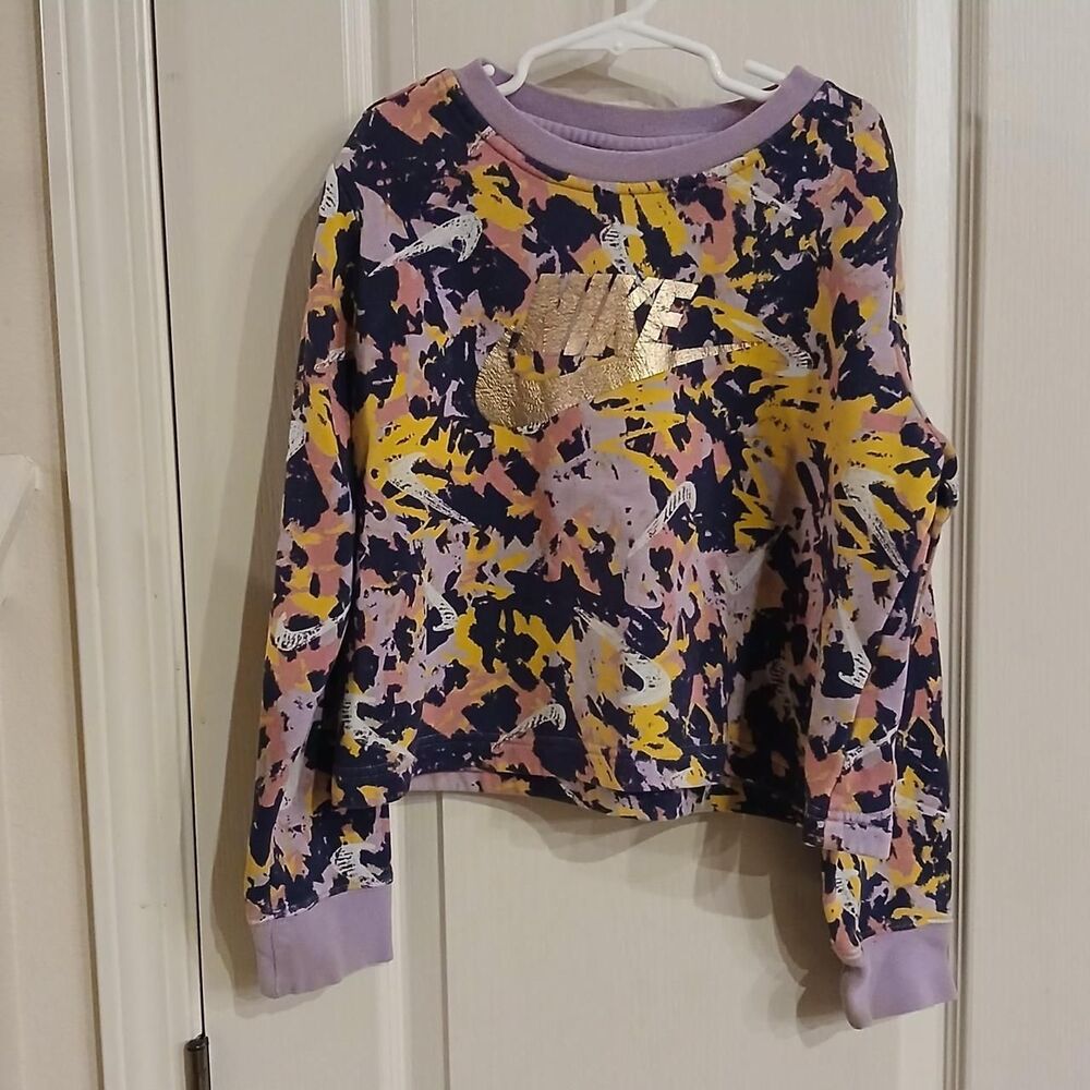 Nike Retro Artsy Paint Splatter Crewneck Sweatshirt Gold Center Swoosh Girls L